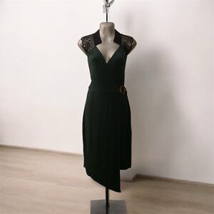 Les Lunes Dark Green Asymmetrical Dress with Black Lace